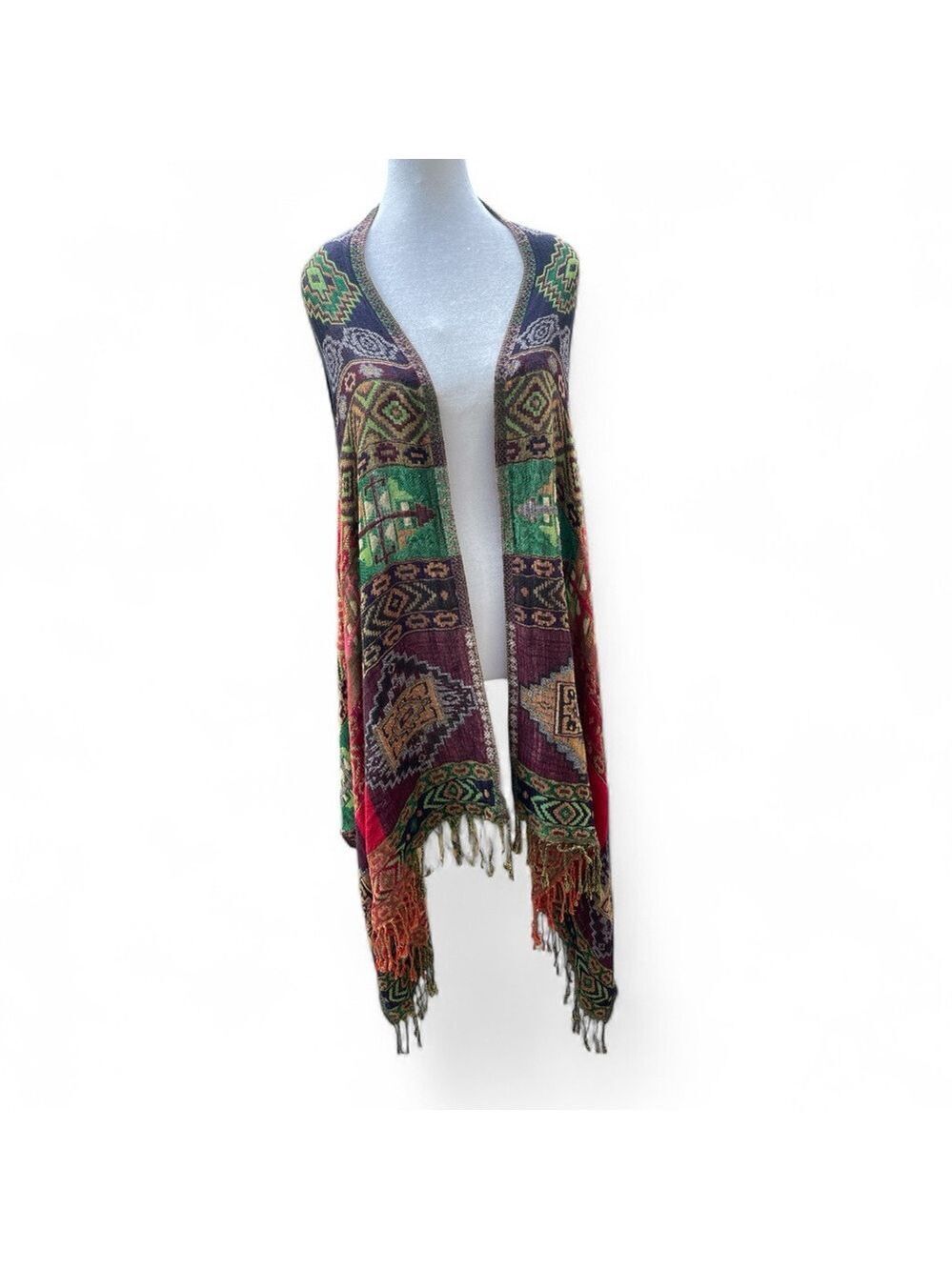 Multicolor Boho Tribal Geometric Open Front Vest Shawl Wrap One Size Fringe